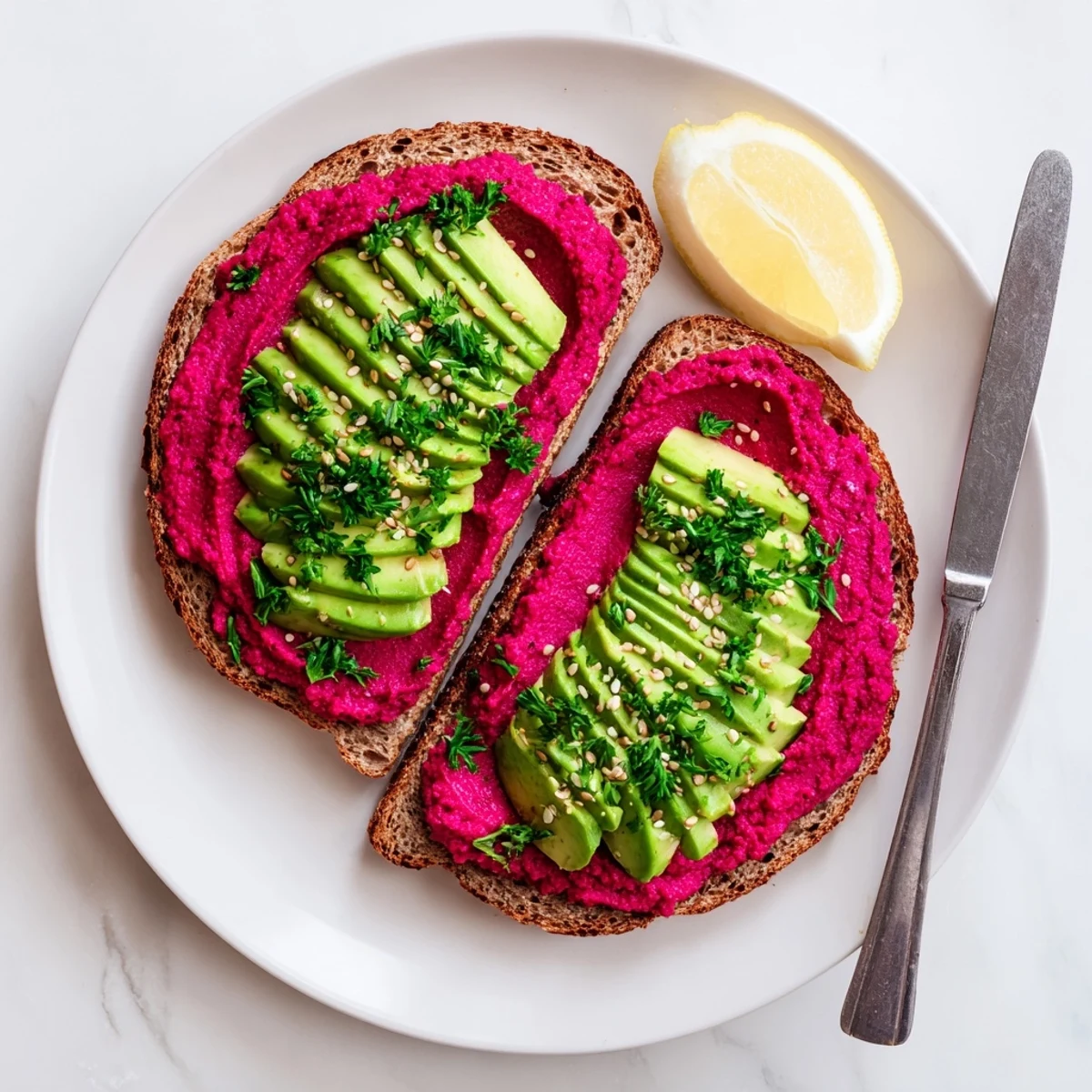 Golden brown toast topped with vibrant pink beet hummus and creamy green avocado slices