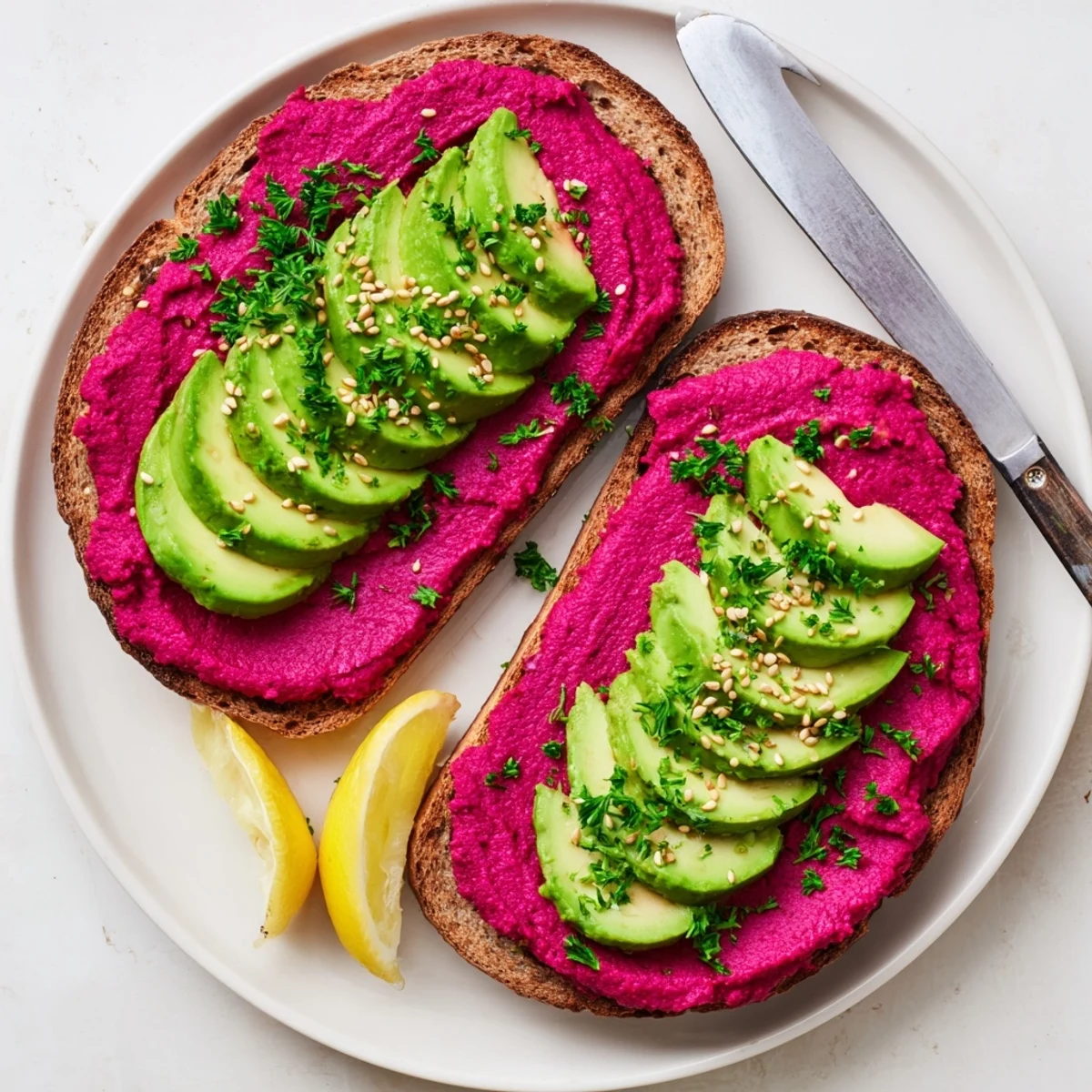 Open-faced avocado beet hummus toast garnished with fresh parsley and toasted sesame seeds