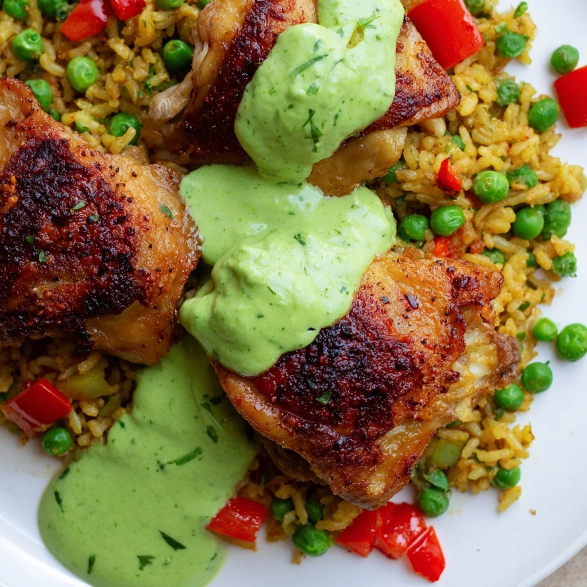 Comforting Peruvian chicken rice plated with fluffy seasoned grains, tender meat, and zesty herbaceous green sauce