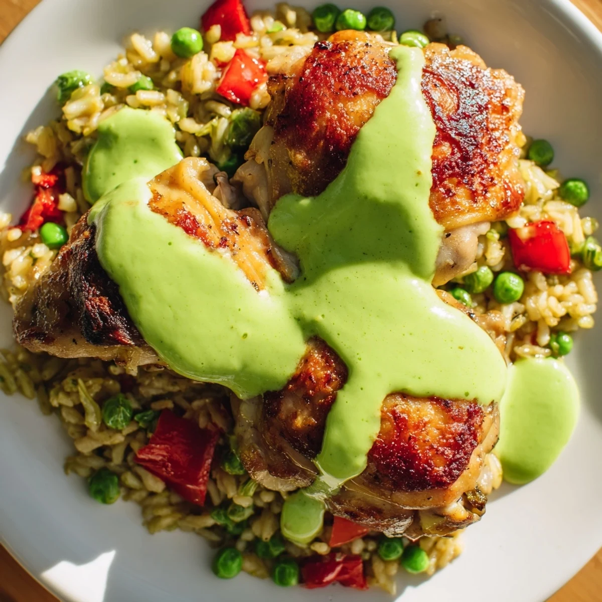 Golden seared chicken nestled over cilantro-infused rice with vibrant green Peruvian sauce drizzled on top