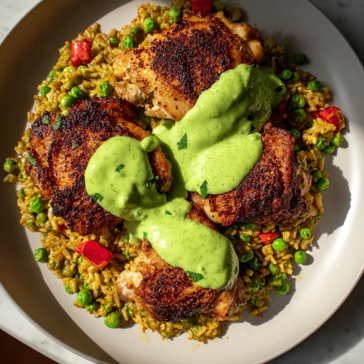 Steaming bowl of aromatic Peruvian chicken and rice topped with creamy aji verde and fresh lime wedges