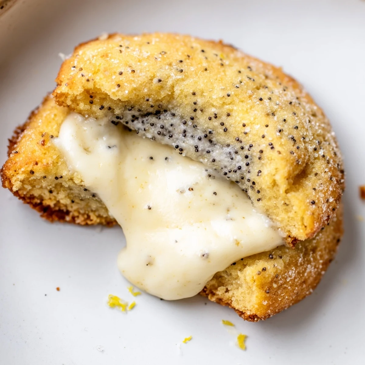 Golden lemon poppy seed cheesecake cookies with creamy centers on a white plate