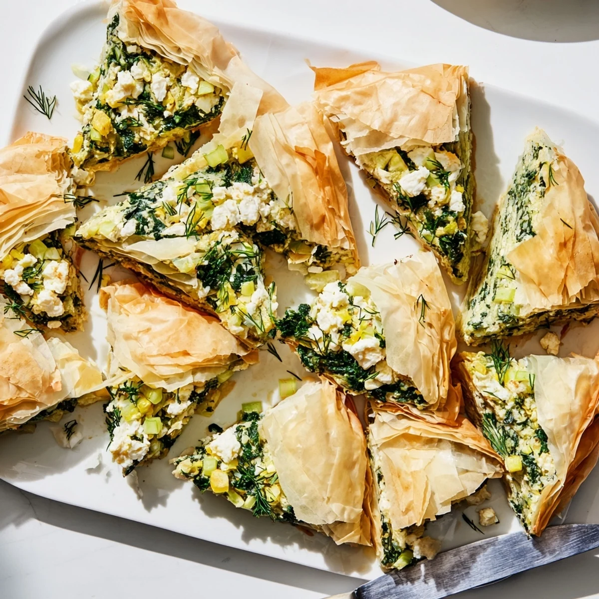 Authentic Greek spanakopita pie featuring flaky golden pastry stuffed with herbed spinach and creamy feta