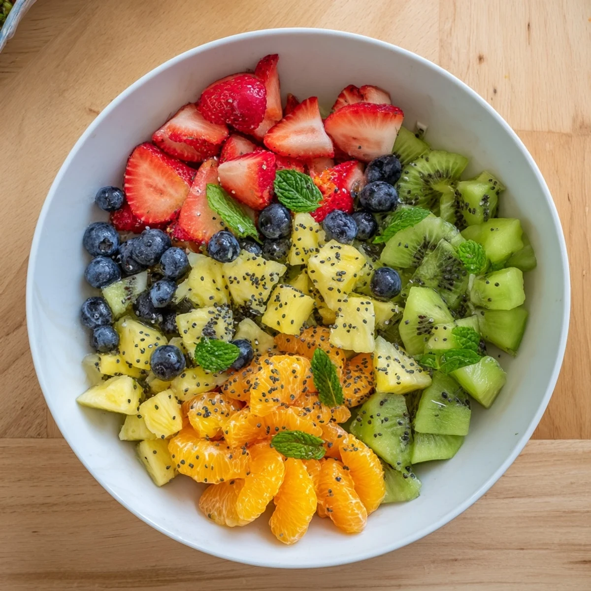 Colorful bowl of Easter fruit salad with fresh strawberries, pineapple, kiwi, and blueberries drizzled with honey lime dressing and topped with mint
