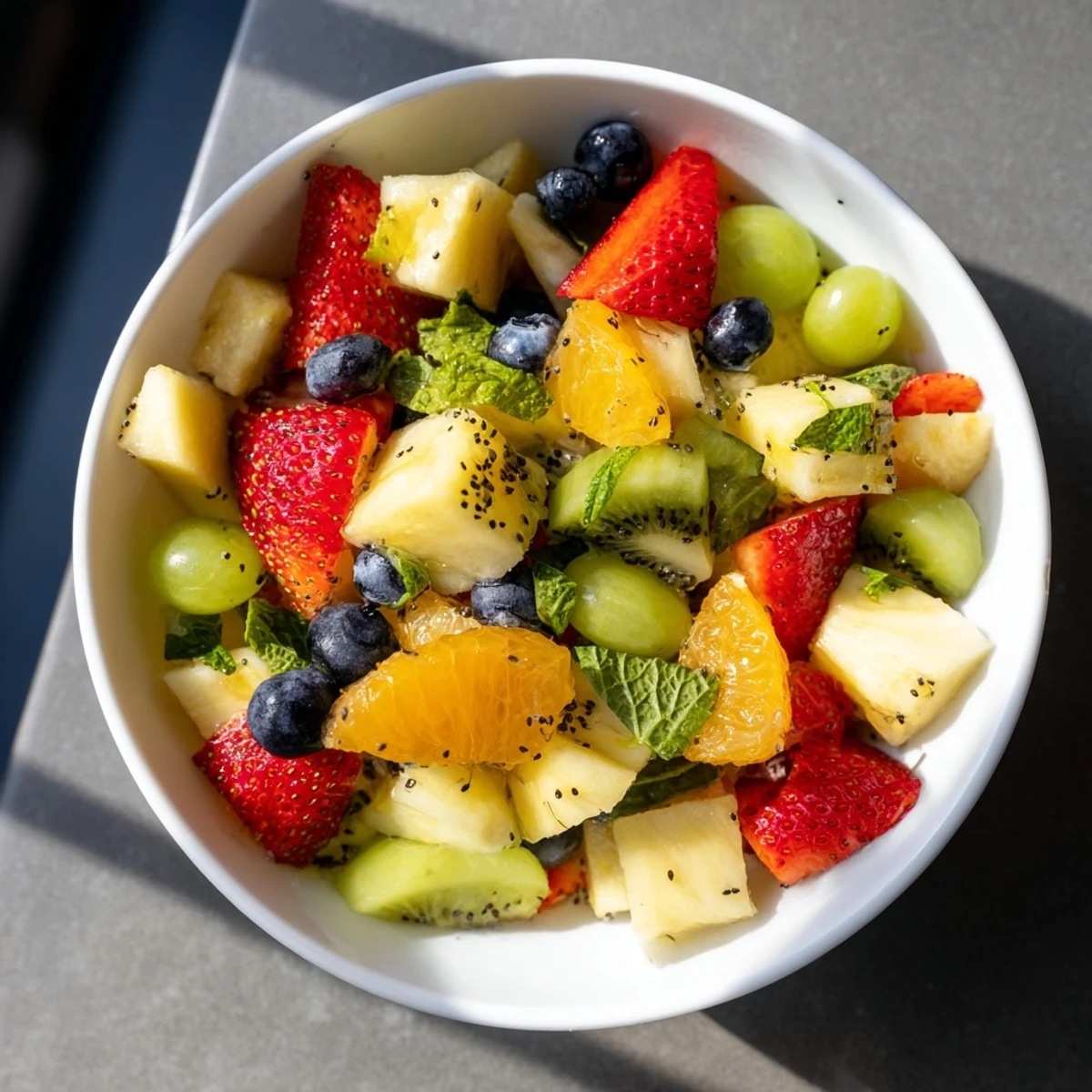 Refreshing Easter fruit salad featuring vibrant spring fruits in a glass serving bowl, garnished with fresh chopped mint leaves for brunch