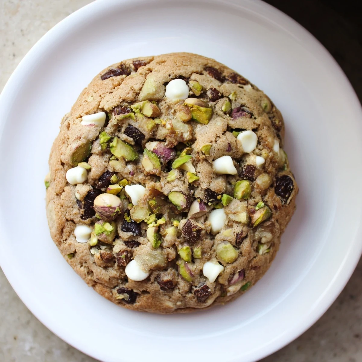 Golden Dubai chewy cookie studded with chopped dates and green pistachios on a white plate
