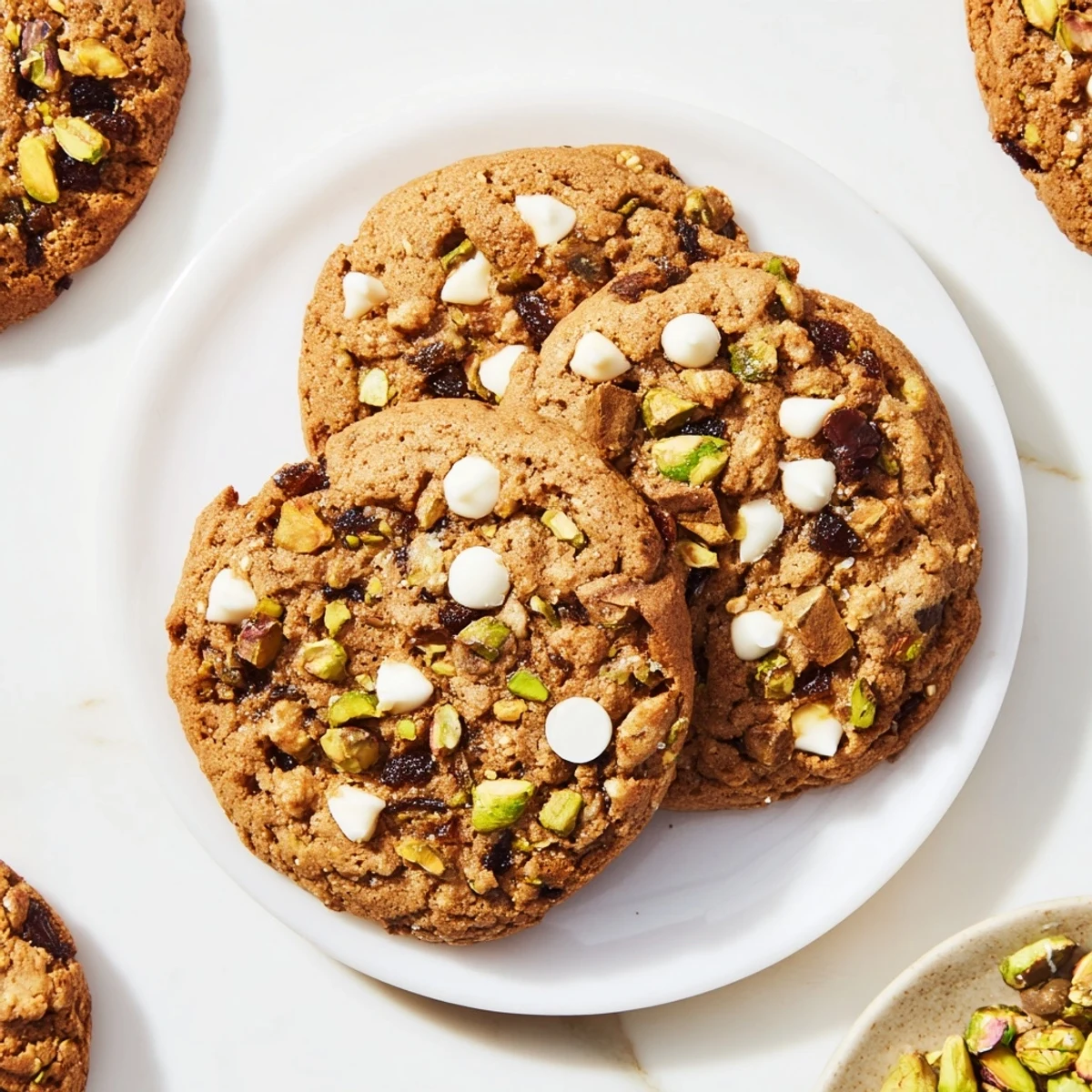 Middle Eastern style Dubai chewy cookie featuring sweet dates and crunchy roasted pistachios