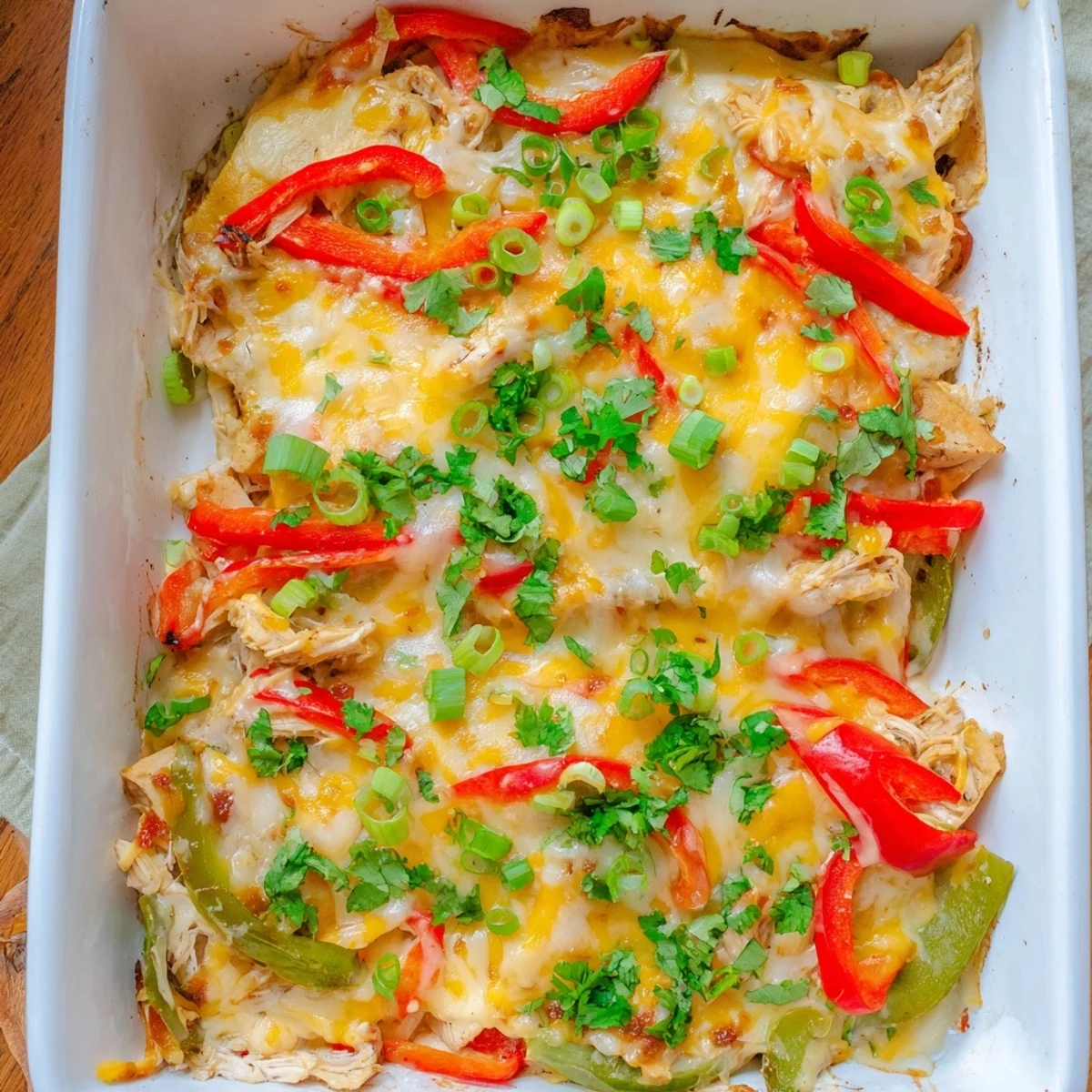 Golden cheesy chicken fajita casserole bubbling with colorful bell peppers and melted Mexican cheese