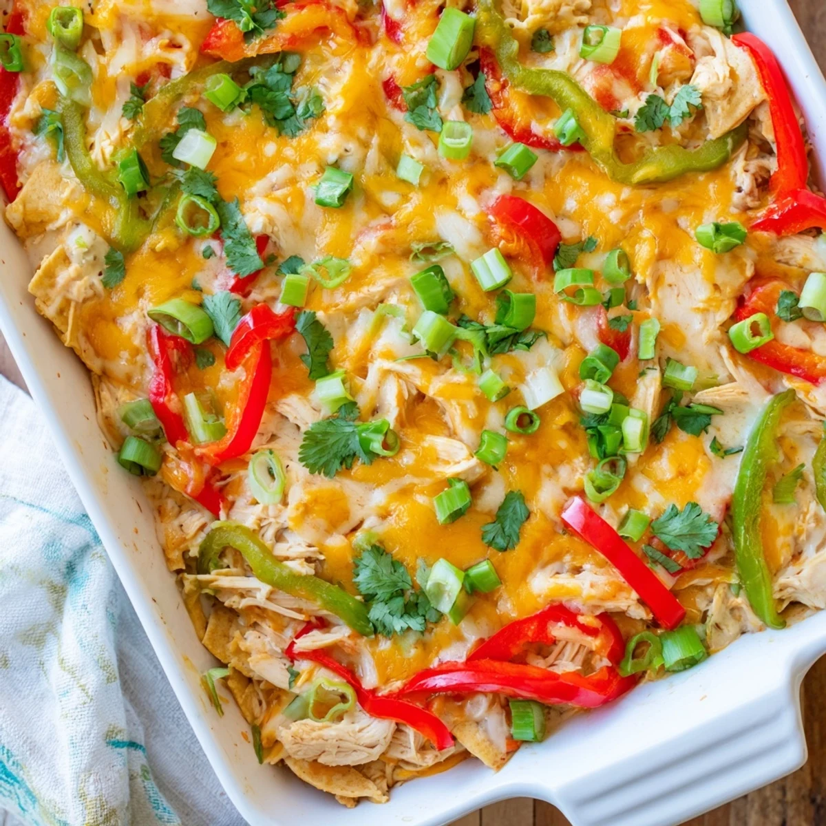 Baked cheesy chicken fajita casserole layered with tender chicken strips and vibrant red green peppers