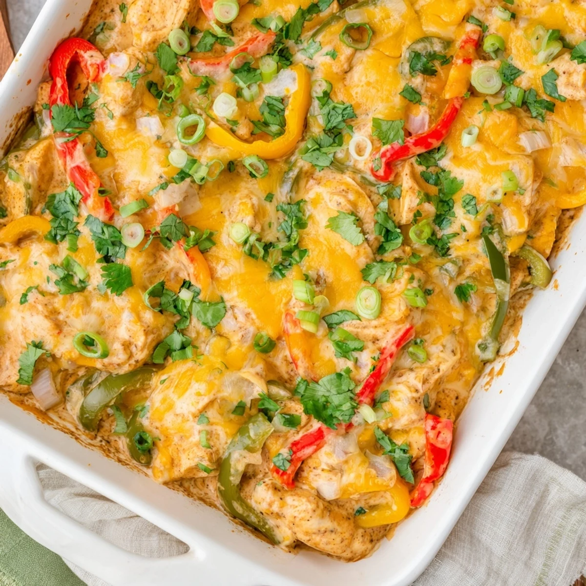 Oven-baked cheesy chicken fajita casserole topped with melted shredded cheese and fresh cilantro garnish