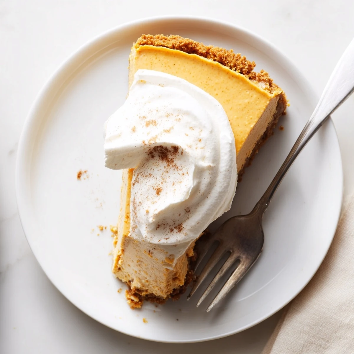 Slice of pumpkin spice Christmas cheesecake with whipped cream topping on a festive white plate