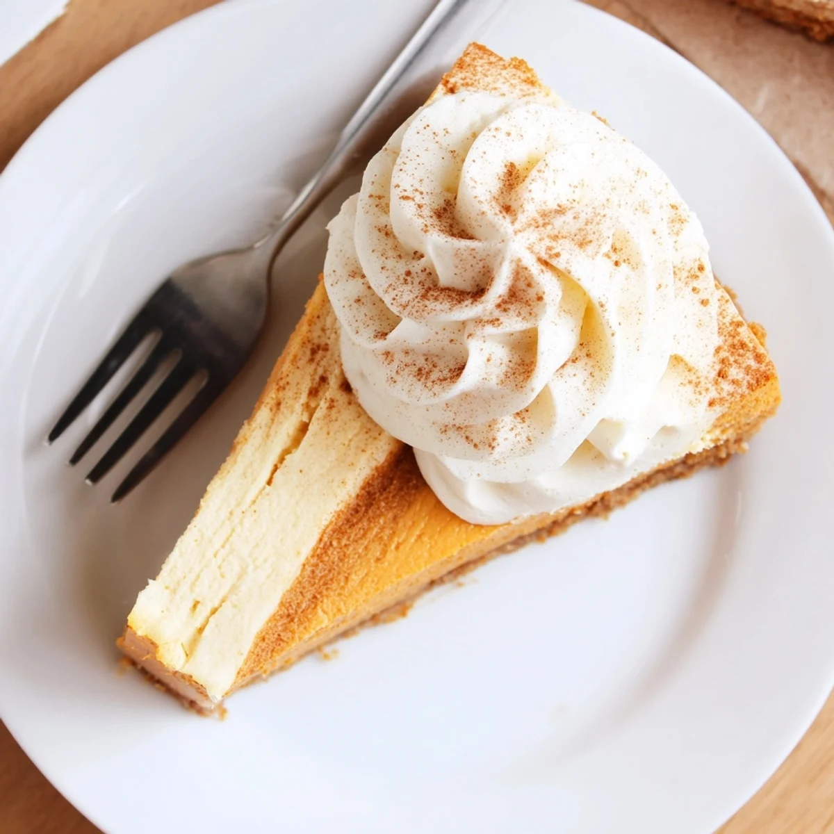 Holiday dessert featuring a rich slice of pumpkin spice Christmas cheesecake garnished with sweet whipped cream
