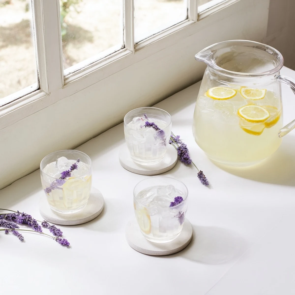 Glass pitcher of lavender lemonade garnished with fresh lemon slices and purple lavender sprigs on ice