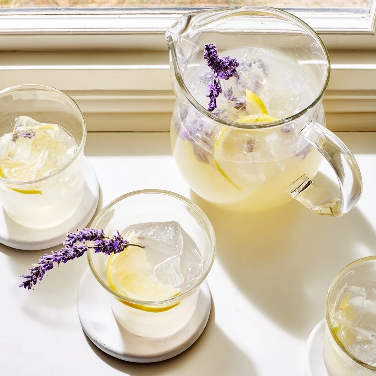 Homemade lavender lemonade served over ice with lemon wheel and dried lavender flowers for garnish