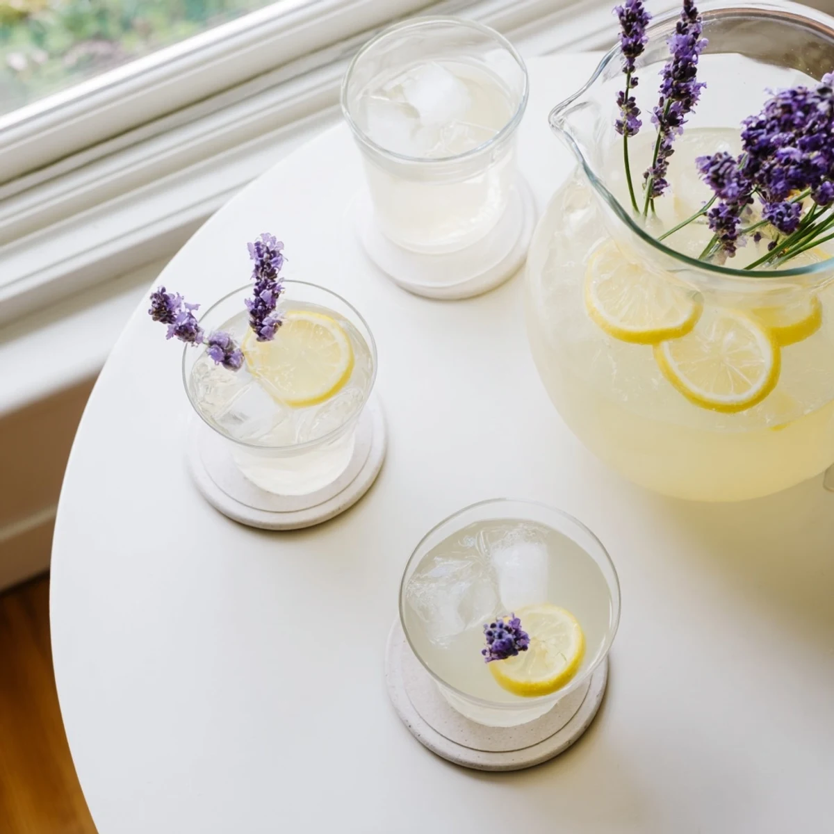 Refreshing lavender lemonade drink with floating ice cubes in a clear glass pitcher on wooden table
