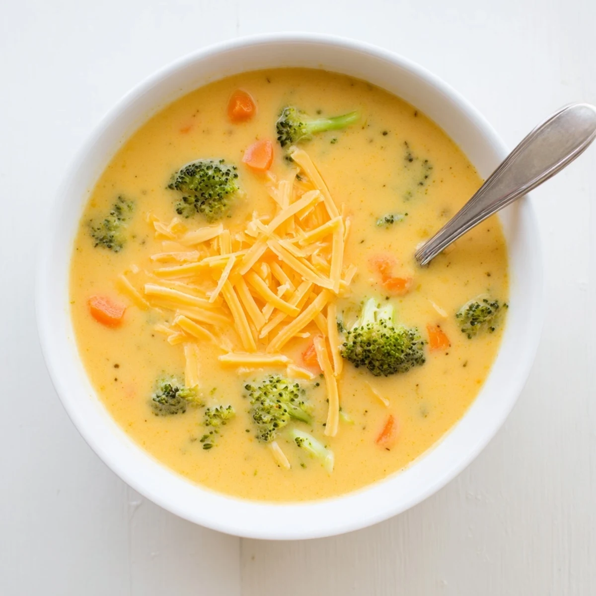 Rich slow cooker broccoli cheddar soup bubbling with melted cheese and tender green florets in a rustic bowl