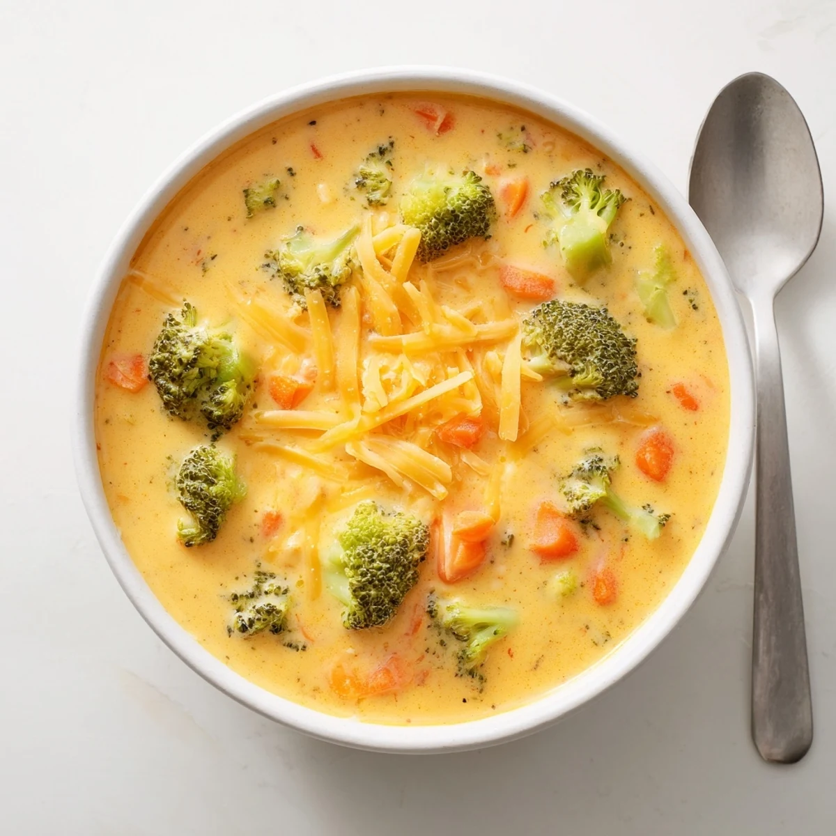 Creamy broccoli cheddar soup ladled into white bowls topped with extra shredded sharp cheese and cracked black pepper