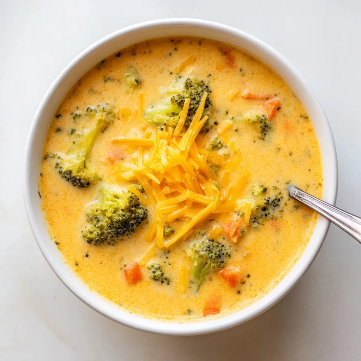 Velvety homemade broccoli cheddar soup steaming in a crock pot with vibrant broccoli pieces and golden cheese swirls