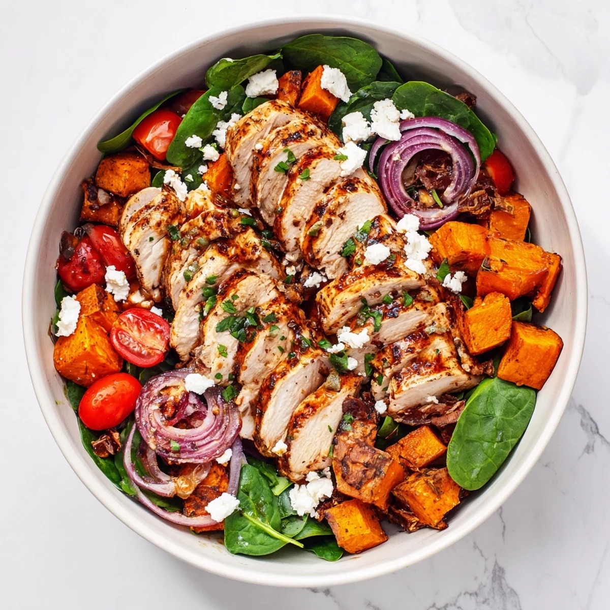 Golden glazed chicken rests beside roasted sweet potato cubes in this wholesome Maple Dijon chicken sweet potato bowl