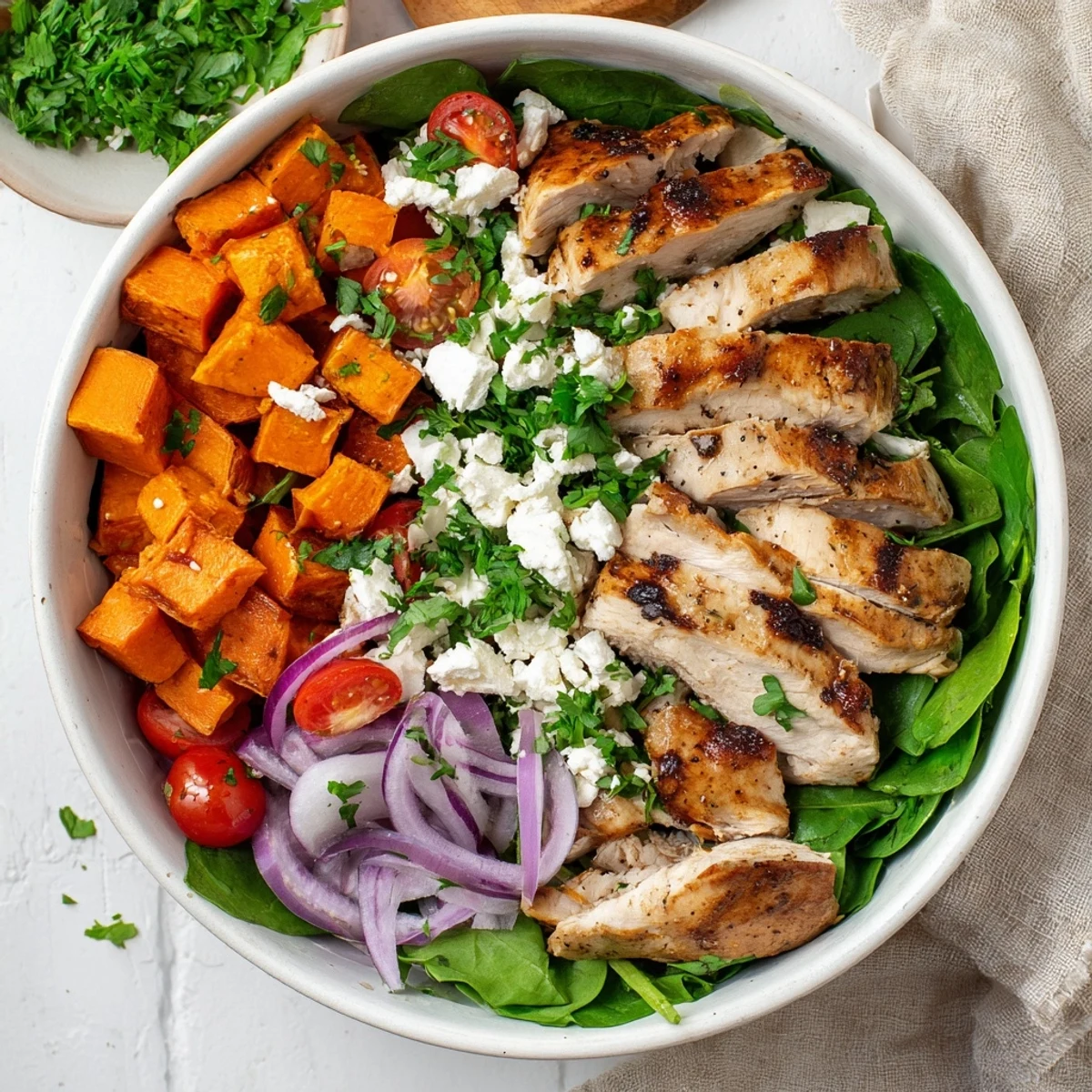 Sliced maple Dijon chicken tops colorful roasted vegetables and fresh greens in this hearty grain-free meal bowl