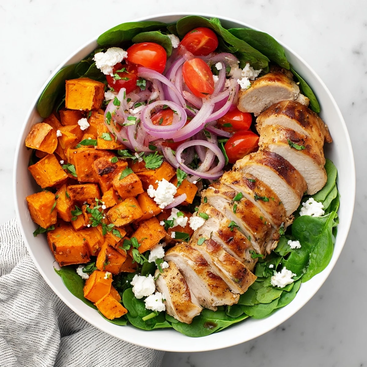 Juicy marinated chicken with caramelized sweet potatoes arranged in a nourishing Maple Dijon chicken sweet potato bowl