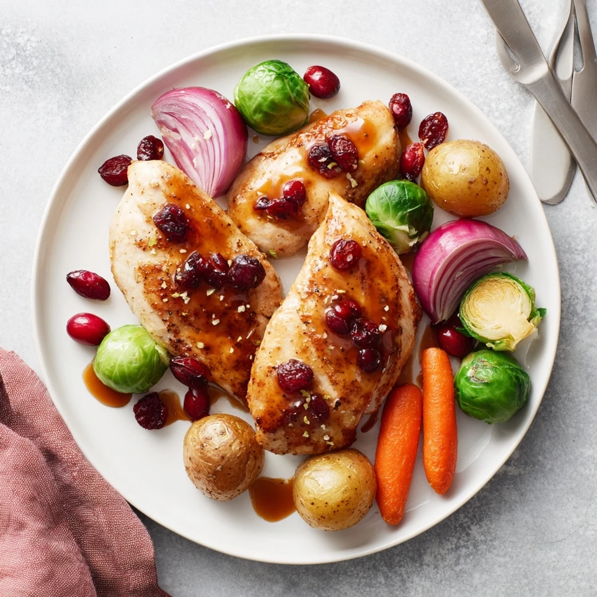 Golden roasted honey cranberry chicken thighs with colorful Brussels sprouts and baby potatoes on a baking sheet