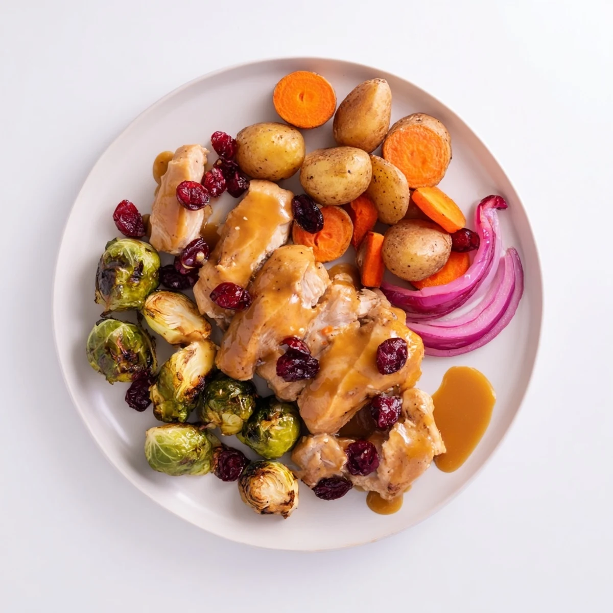 Juicy chicken breasts glazed in tangy honey cranberry sauce served alongside caramelized roasted seasonal vegetables