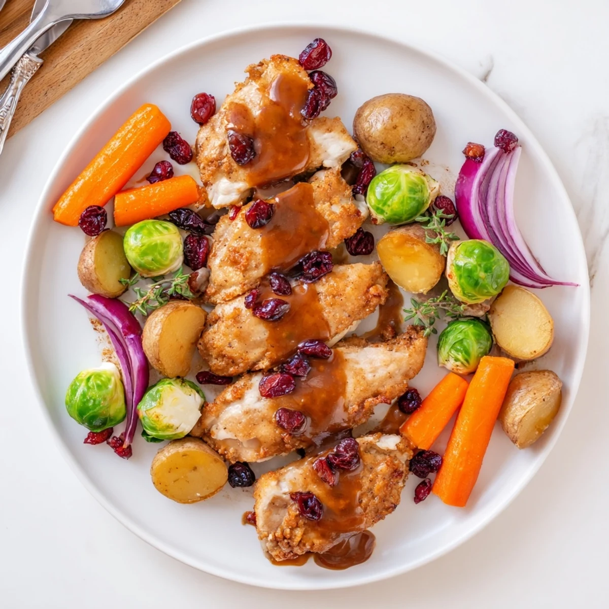One pan honey cranberry chicken dinner featuring tender meat and roasted root vegetables ready for serving