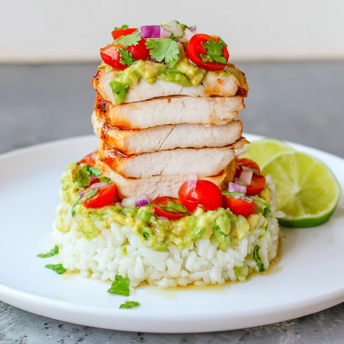 Honey lime chicken avocado rice stack featuring tender grilled marinated chicken slices atop fluffy white rice with creamy diced avocado