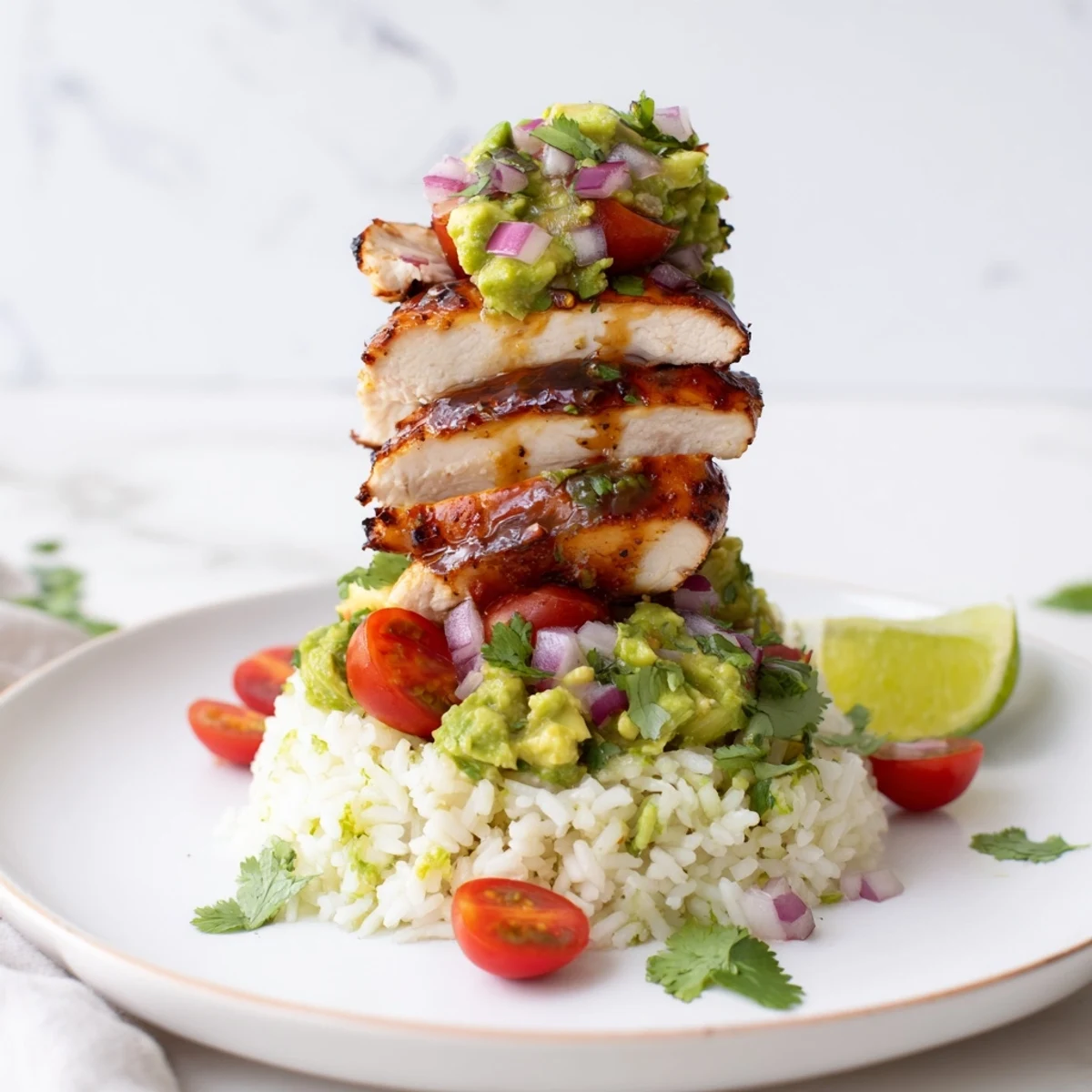 Layered honey lime chicken avocado rice stack with zesty grilled chicken fresh cilantro garnish and vibrant red onion topping