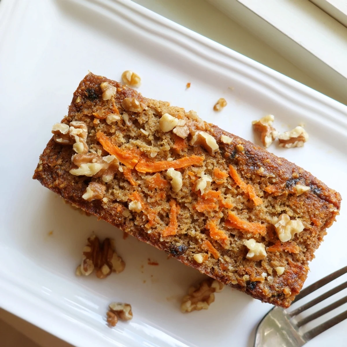 Moist carrot cake banana bread loaf with grated carrots and warm cinnamon spices displayed on a wooden cutting board