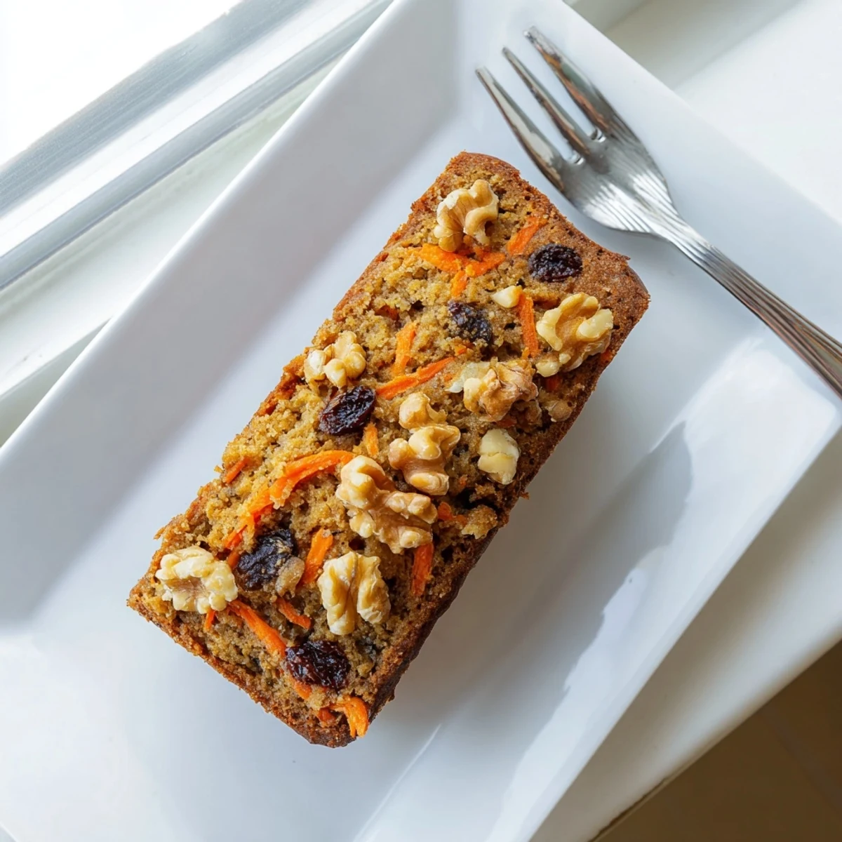 Freshly baked carrot cake banana bread with a cracked top, showcasing flecks of orange grated carrots throughout
