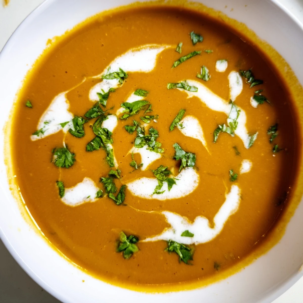 Creamy spicy apple soup recipe garnished with fresh herbs and coconut cream swirl