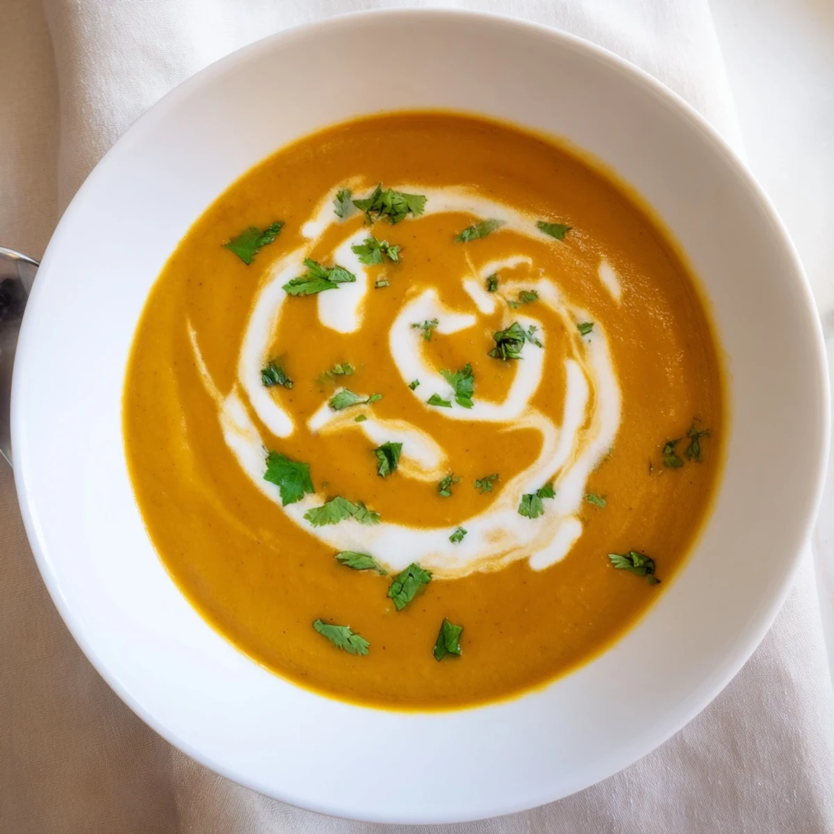 Steaming hot spicy apple soup recipe ladled into white bowl with fresh coriander sprinkled on top