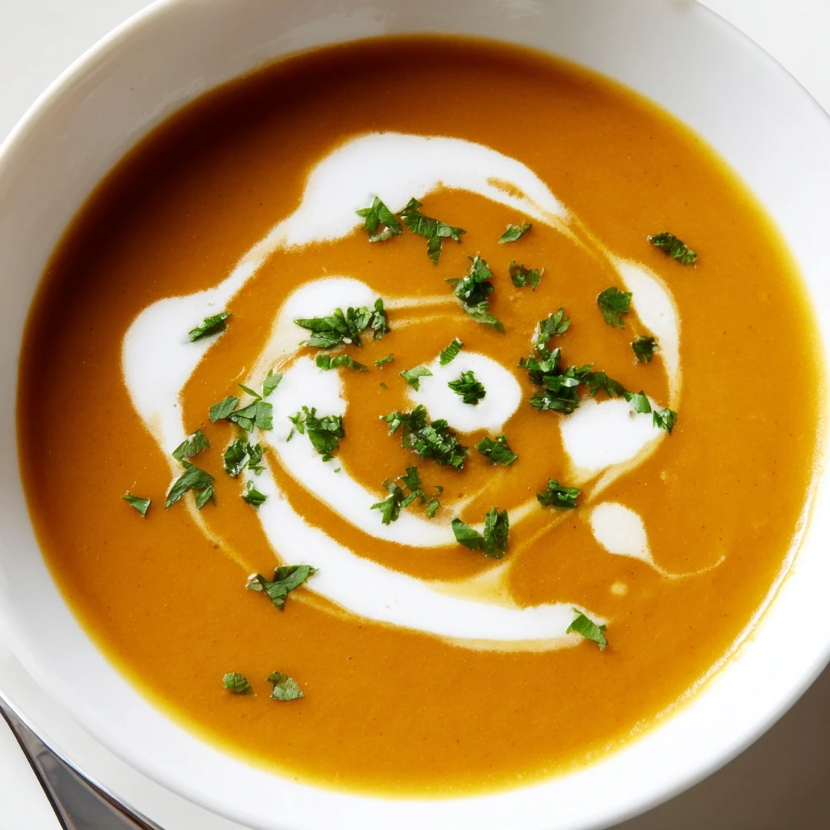 Golden bowl of spicy apple soup recipe featuring smooth coconut-infused texture and diced red chili topping