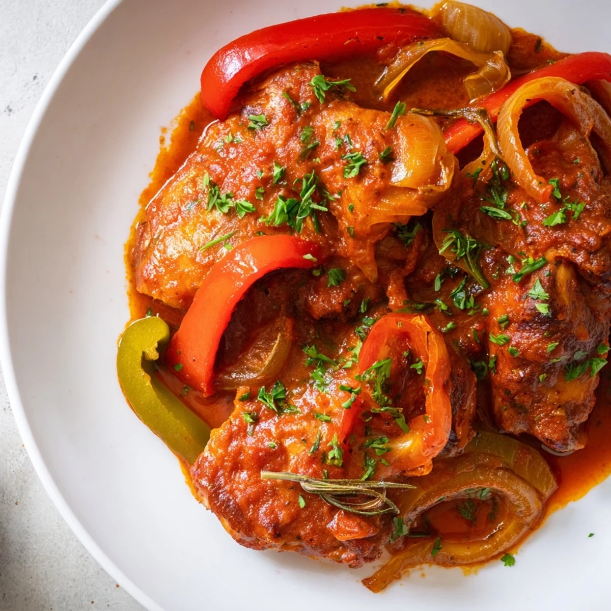 Senegalese chicken simmered in rich tomato sauce with colorful bell peppers on white rice