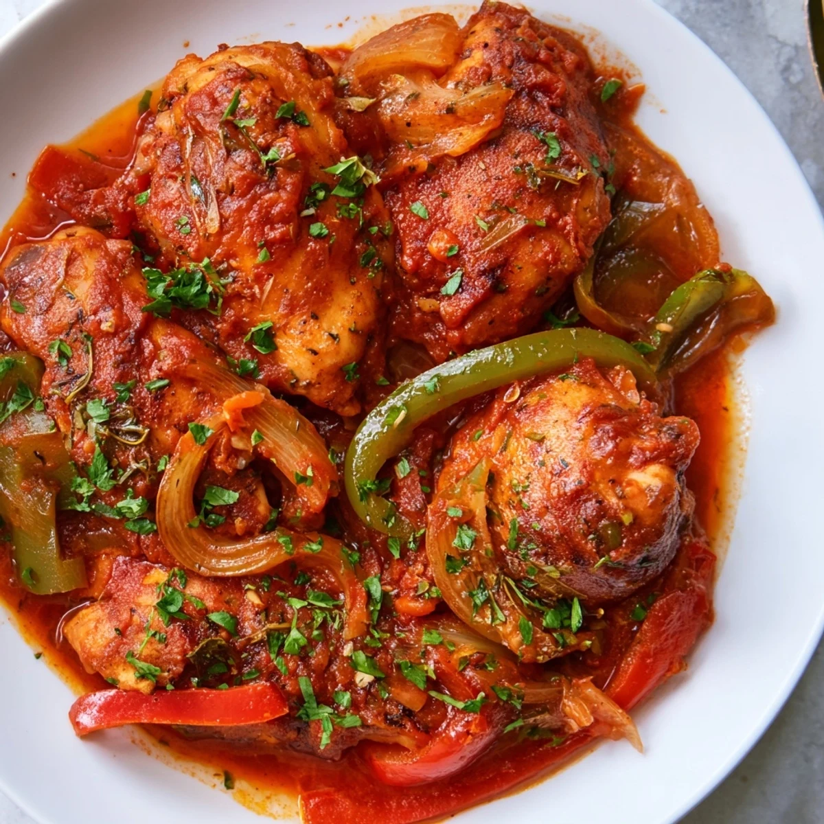 Tender Senegalese chicken thighs in aromatic spiced tomato gravy garnished with fresh parsley
