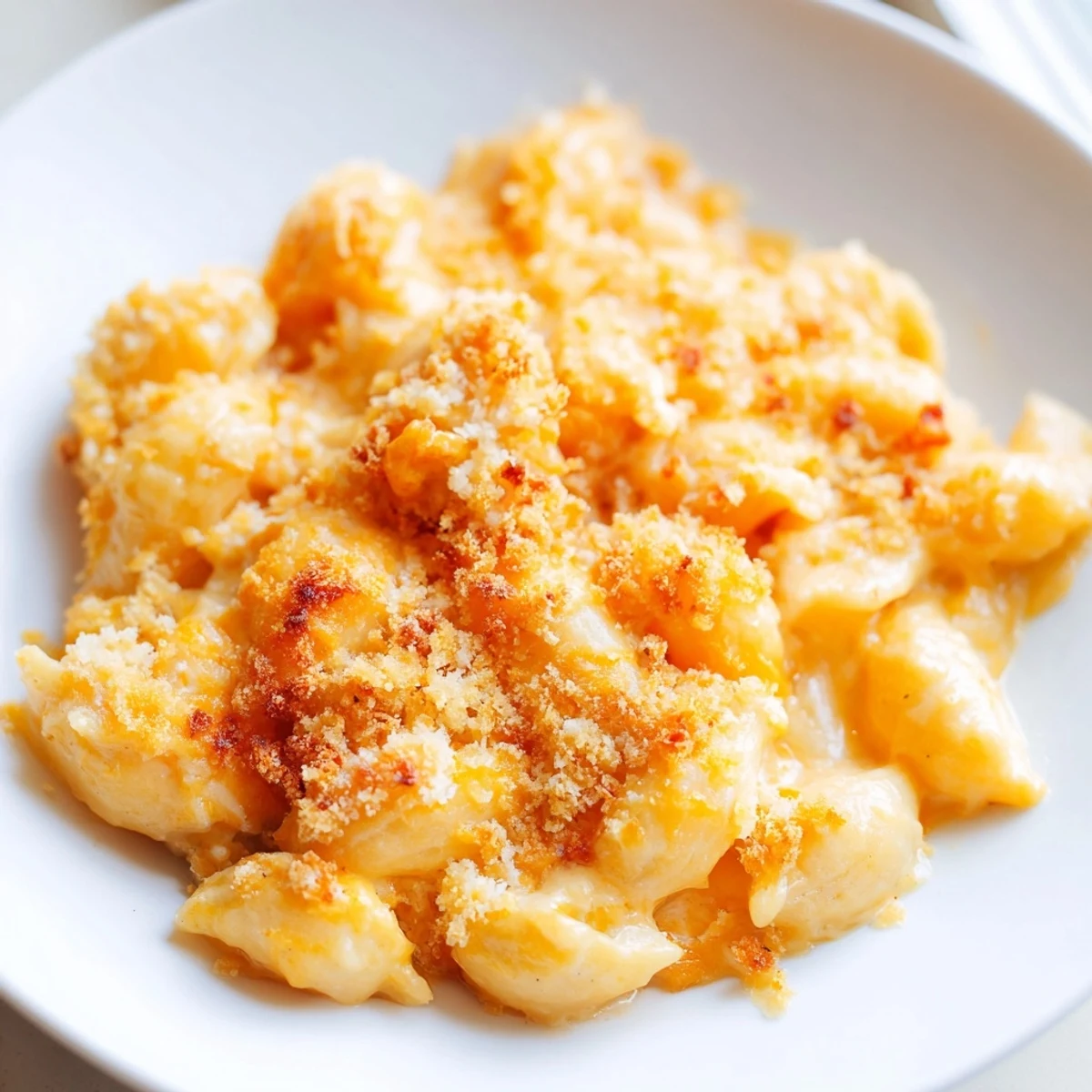 Golden baked three cheese macaroni with crispy panko topping served in white casserole dish