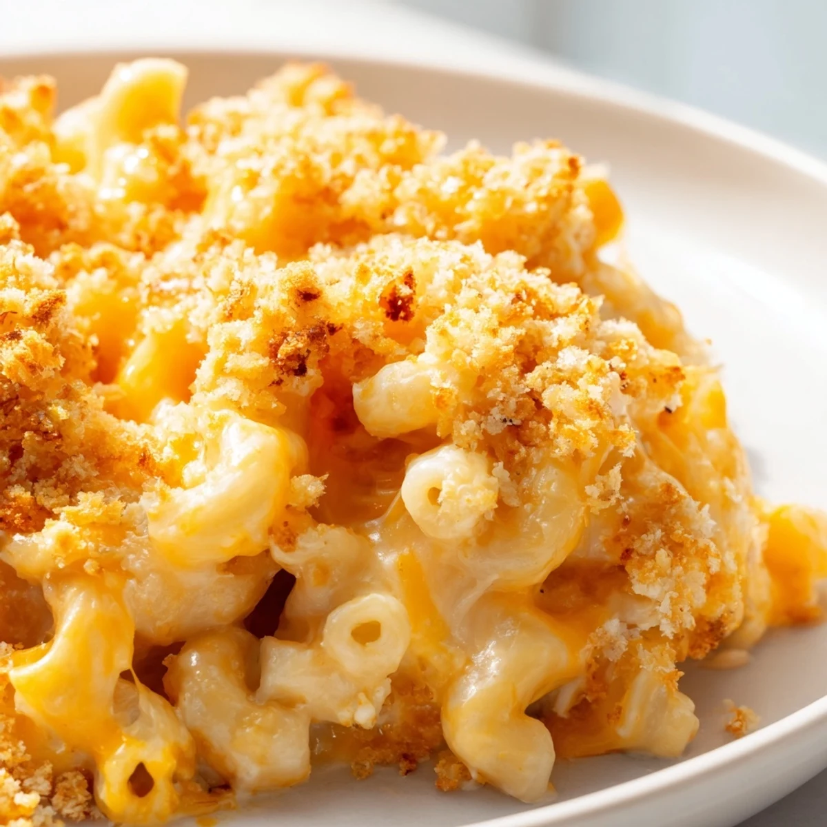 Creamy three cheese baked macaroni bubbling under golden breadcrumb crust in cast iron skillet