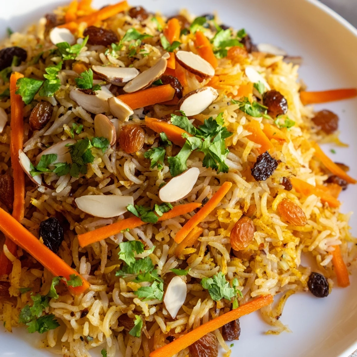 Aromatic Afghan rice steamed with warming spices and layered with sweet carrots and tender raisins