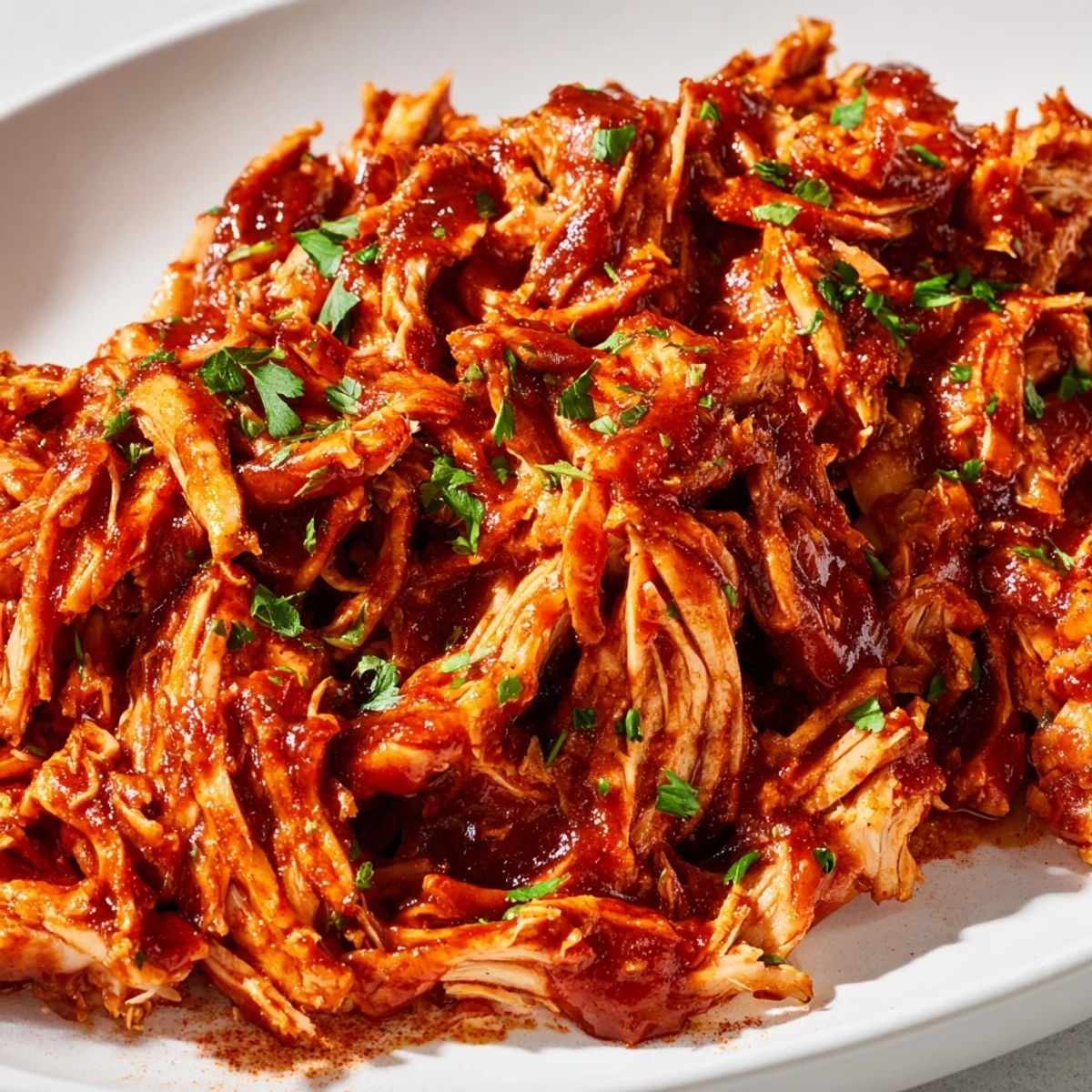 Tender Sweet Baby Ray's Crockpot Chicken glistening with sticky barbecue sauce on a white plate