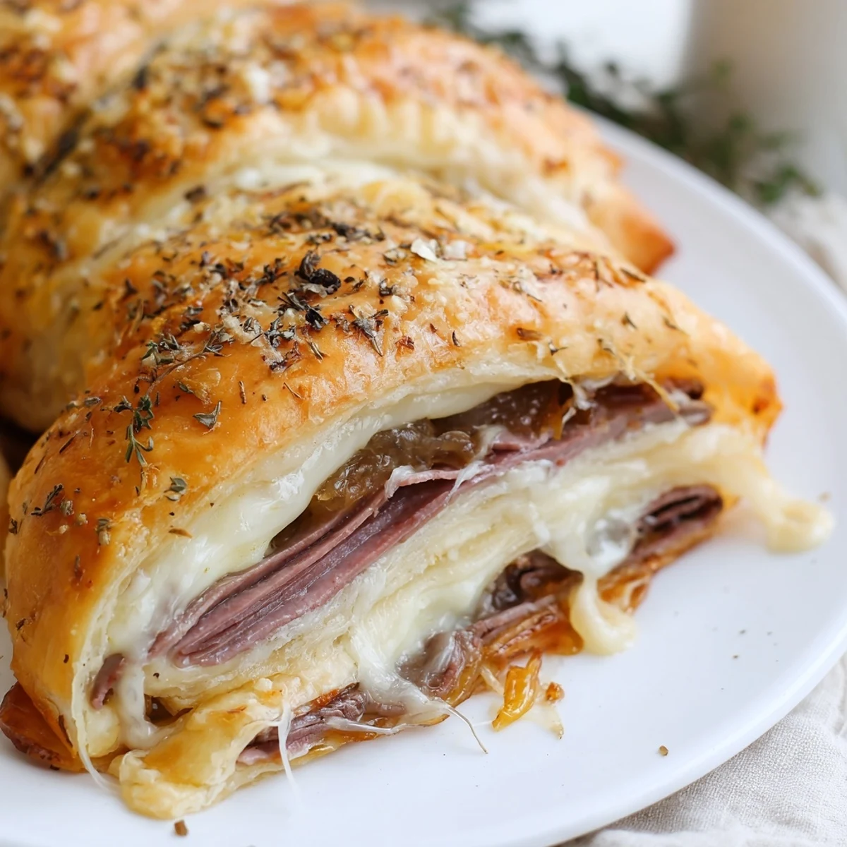 Golden beef and cheese French dip roll ups arranged on a rustic wooden serving board with dipping sauce