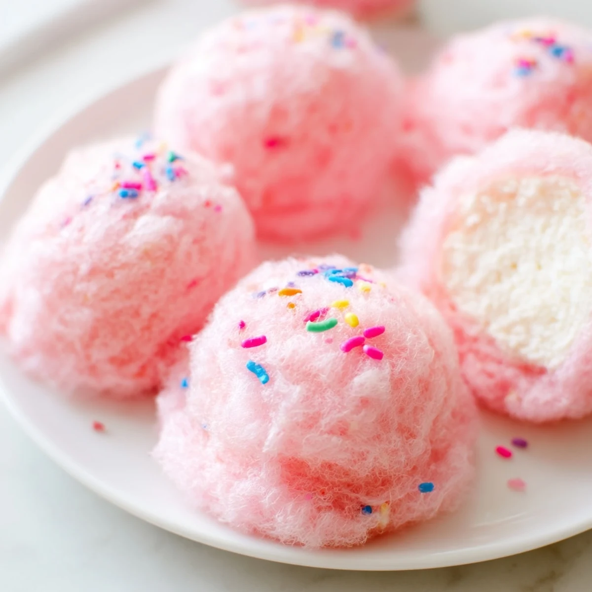 Mini Cotton Candy Cheesecake Puff Balls with fluffy pink cotton candy coating and creamy centers on a decorative serving plate
