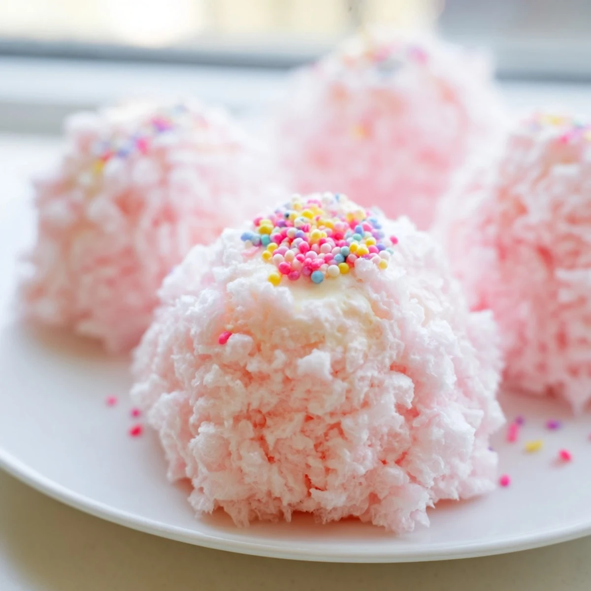 Bite-sized Mini Cotton Candy Cheesecake Puff Balls topped with colorful sprinkles for a whimsical party dessert presentation