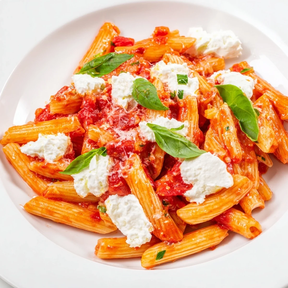 Tomato Garlic Ricotta Penne in vibrant red sauce with dollops of creamy cheese