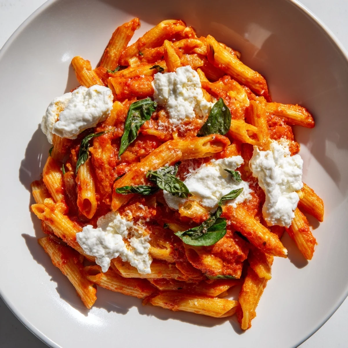 Steaming bowl of Tomato Garlic Ricotta Penne garnished with grated Parmesan and basil