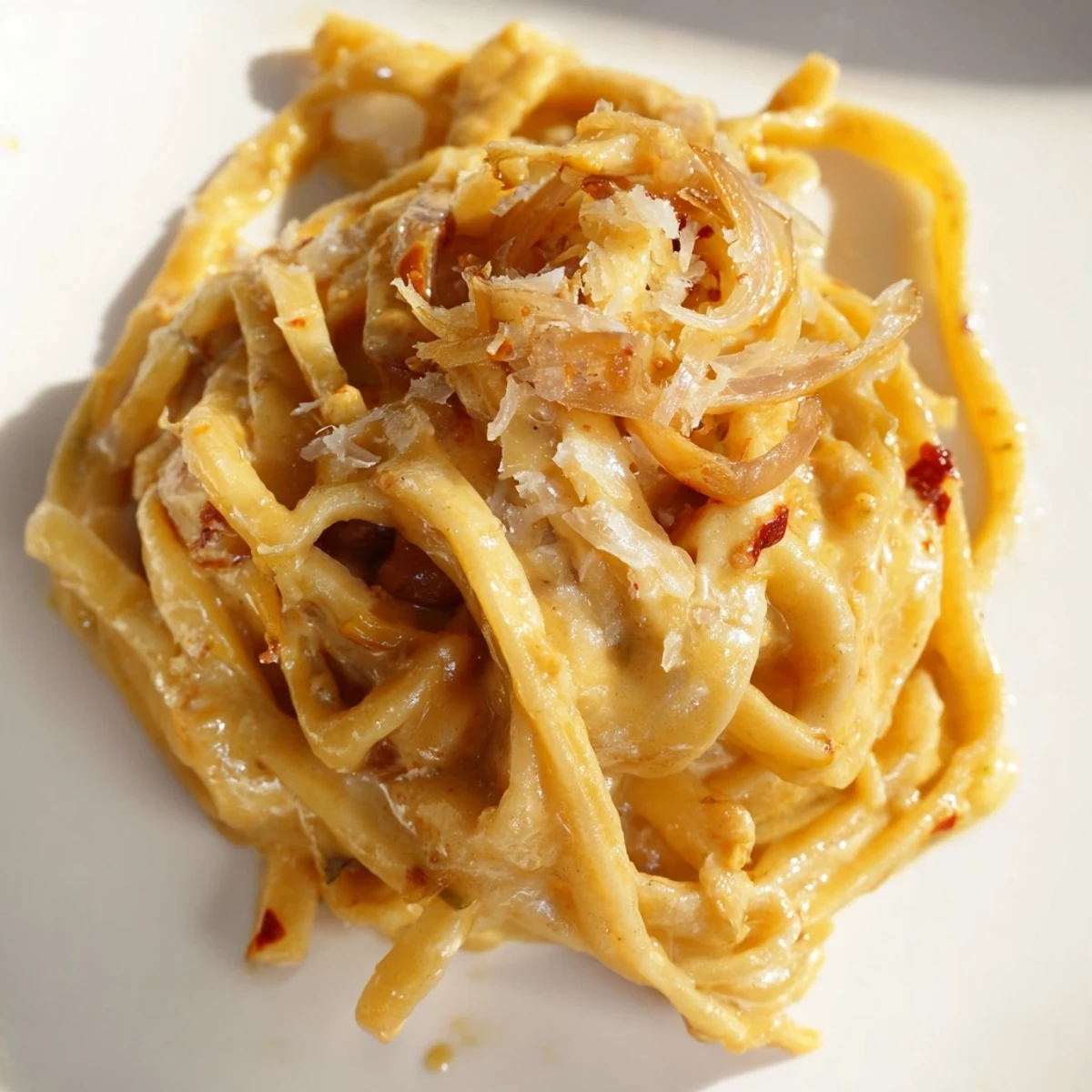 Creamy Sweet Heat Caramelized Onion Fettuccine topped with fresh parsley and Parmesan cheese