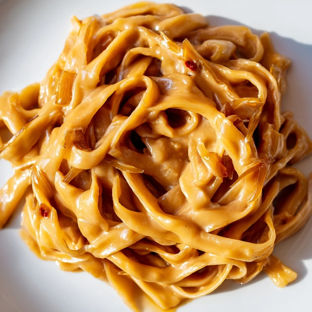 Golden caramelized onions coat Sweet Heat Caramelized Onion Fettuccine in a silky, spicy cream sauce