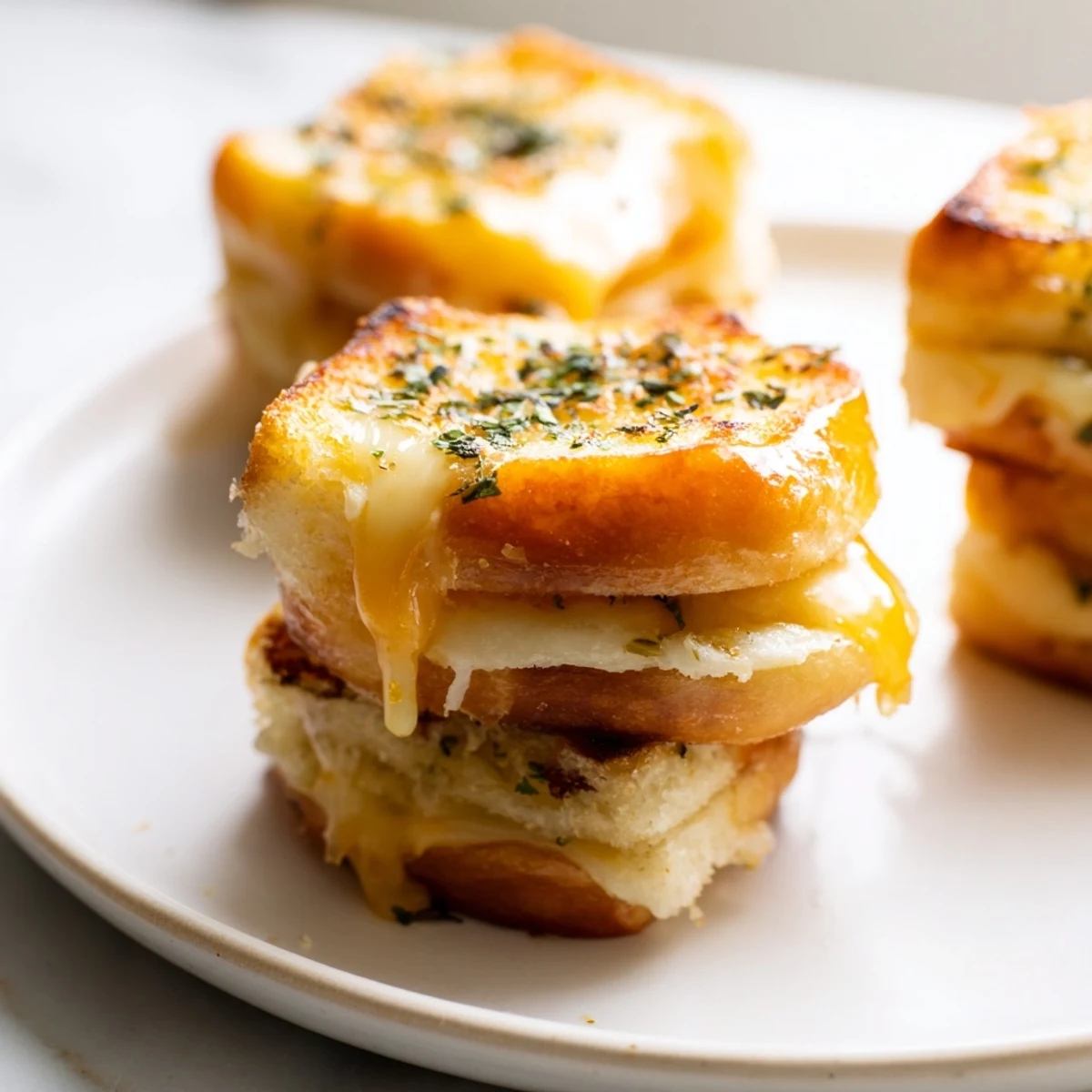 Golden mini grilled cheese Hawaiian rolls with melted cheddar oozing between sweet, buttery slider buns