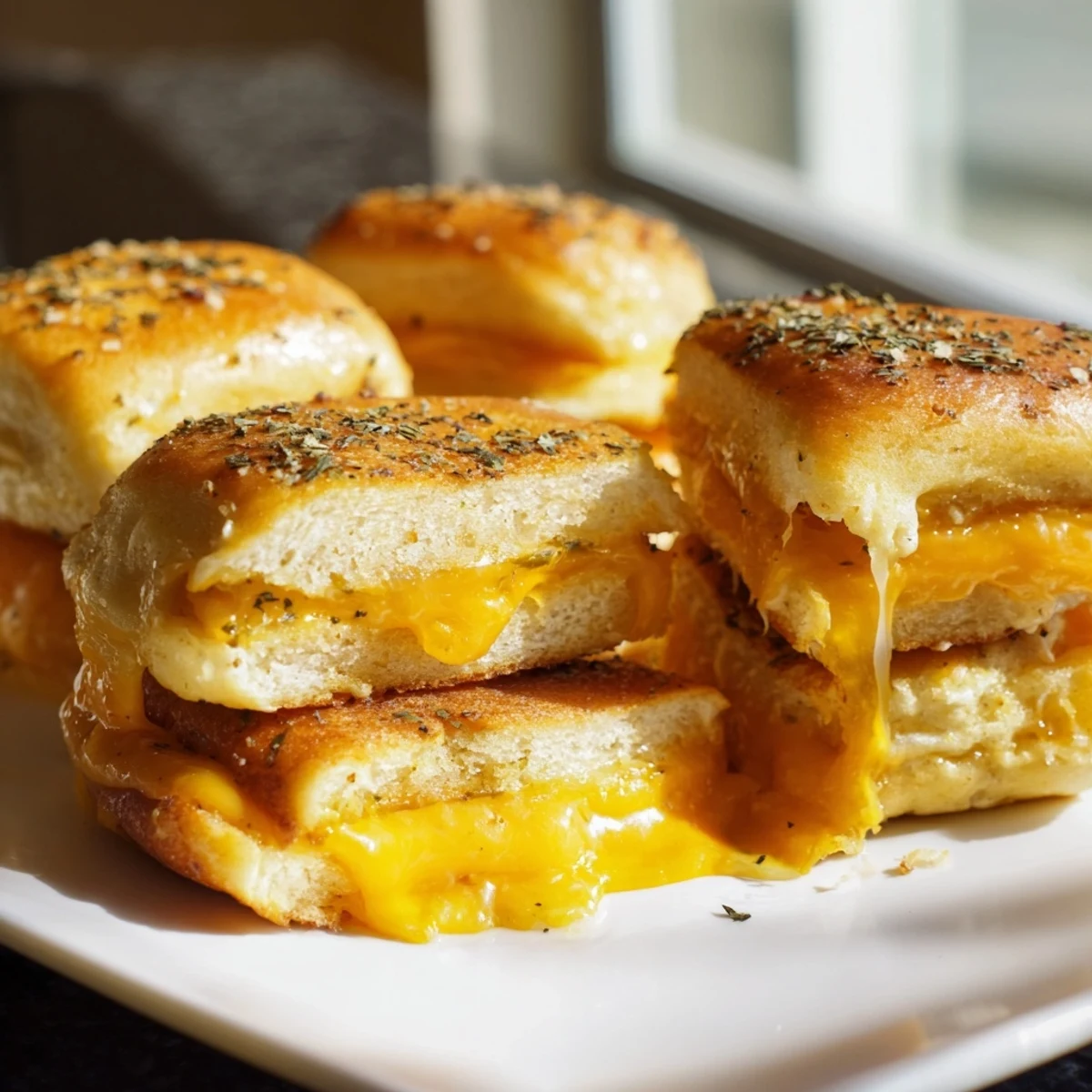 Crispy mini grilled cheese Hawaiian rolls brushed with garlic butter and sprinkled with dried parsley
